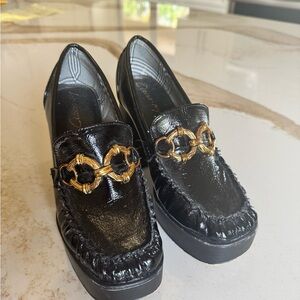 Chic Black Block Heel Loafers with Gold Accent